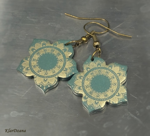 Náušnice Lace květy korálky zelená náušnice zlatá květy visací polymery fimo potisk bronzová vzor polymerové hmoty 