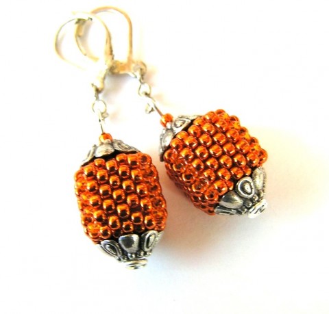 Oranžové kostky náušnice oranžová kostky šité stříbrná obšívané krychličky krychle pomerančová 