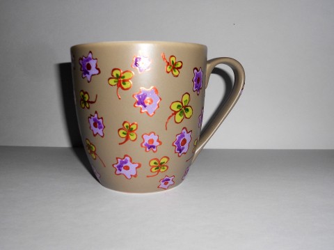 Velký hrnek čtyřlístkový zelená fialová béžová čtyřlístek na čaj kafáč velký hrnek čtyřlístkový ručně malovaný hrnek porcelánový hrnek malovaný hrneček se čtyřlístky fialové kvítky 