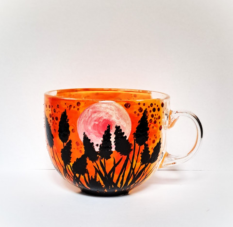 Velký hrnek - Západ slunce červená oranžová hrnek černá káva hrníček ohnivý žhavý západ slunce na čaj na kávu velký hrnek siluety traviny skleněný hrnek varné sklo ručně malované sklo malovaný hrnek čiré sklo teplé tóny 