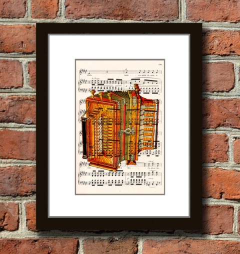 Tisk na starý notový papír-AKORDEON papír dekorace dárek obraz vintage tisk originál hudba hudební koláž grafika umění noty antik 19.století starý nástroje rytina opera inkoust dechovka akordeon harmonika 