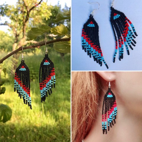 Náušnice - indiánsky černobarevné korálky náušnice 