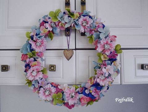 romantický věneček se srdíčkem.. domov modrá růžová letní věnec romantický na dveře růžovobílá trvanlivý sesrdcem 
