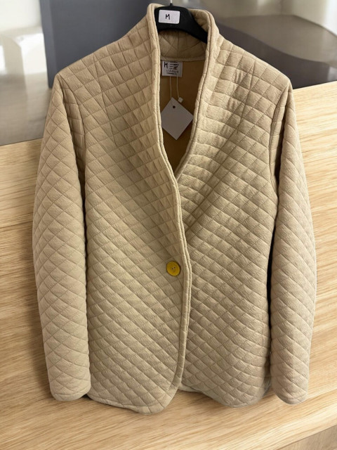 Dámský kardigan béžový M jarní zimní kabát bunda kabátek hořčicová kožich 