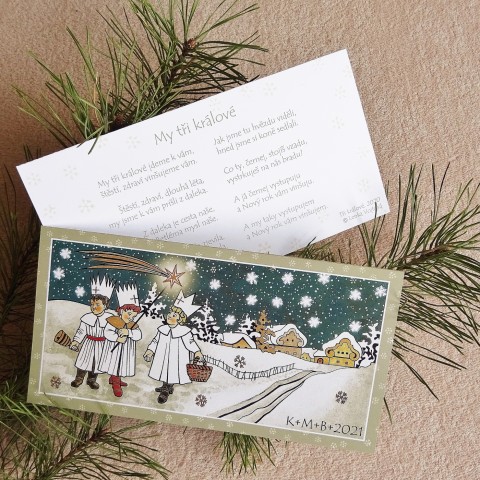 Blahopřání k Vánocům - TŘI KRÁLOVÉ sníh vánoce přání tři kometa vločky svátky koleda králové domečky koledníci chaloupky 