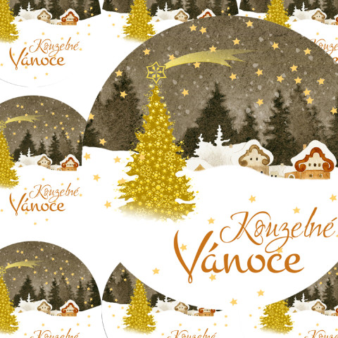 VESNIČKA - samolepky zábava sníh strom zima vánoce přání příroda vánoční hvězda diář deník hvězdička advent obálka domy vesnička nálepka pohlednice samolepky samolepka 