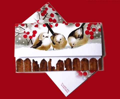 Darovací obálka - TŘI NA PLOTĚ červená sníh vánoce bílá přání vánoční hvězda ptáčci ptáci peníze okrová plot advent bobule vločka voucher obálka vstupenky mlynařík 