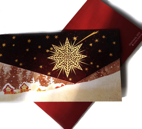 Darovací obálka - ZLATÁ HVĚZDA I sníh strom vánoce přání vánoční hvězda rezavá les vínová vesnice kometa peníze okrová advent vločka hvězdičky voucher obálka hořčicová vstupenky 