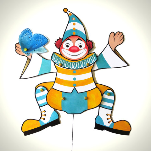 KLAUN S MOTÝLKEM - postavička papír dekorace dárek děti zábava pokojíček bílá hračka žlutá motýlek dětské tyrkysová výzdoba klaun dětská dekorace 