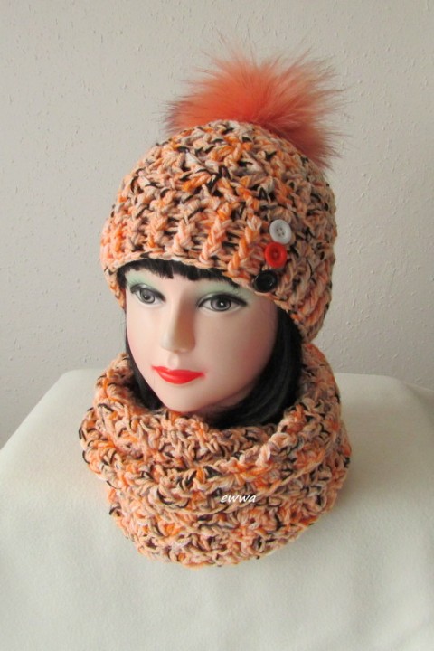 Čepice + nákrčník zima oranžová čepice ženy bílá černá šála šedá souprava dámská zimní háčkované akryl teplá nákrčník bambule handmade set hřejivá na krk hučka crochet debilka pompom 