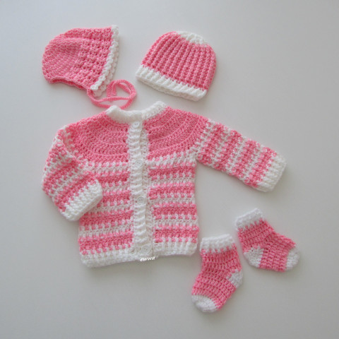 2x čepička + svetřík + ponožky děti podzim růžová čepice jarní čepička holčička holčičí jaro svetr miminko souprava háčkované ponožky podzimní svetřík kabátek soupravička celoroční handmade bonetka 2x 