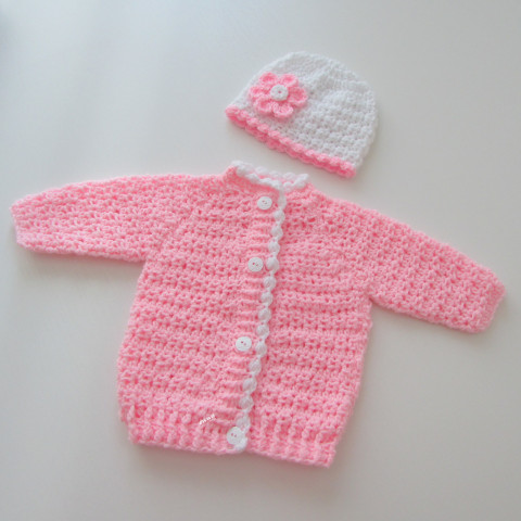 Svetřík + čepička děti růžová čepička holčička holčičí bílá svetr souprava háčkované svetřík kabátek zapínání celoroční crochet ewwa 