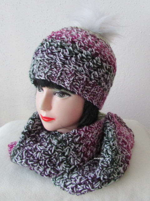 Čepice + šála barevné čepice šála souprava dámská zimní háčkované akryl hřejivé bambule handmade set ewwa 