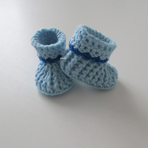 Háčkované botičky (9 cm) děti zima modrá podzim klučičí akryl hřejivé kluk světlemodrá pružné botičky teplé capáčky mimi newborn antipilling movorozenec 