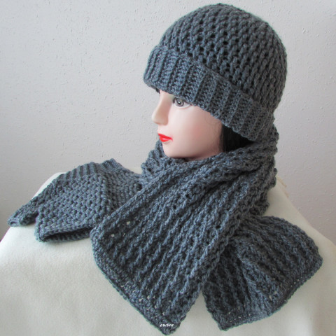 Zimní souprava unisex modrá čepice šála šedá souprava zimní háčkované akryl hřejivé rukavice unisex pánská handmade set šedomodrá bezprsté ewwa antipilling 