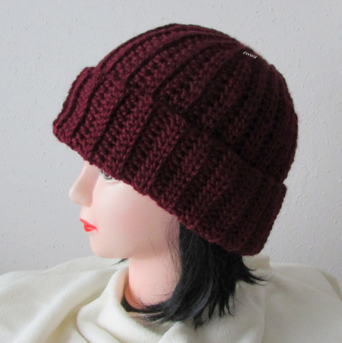 Čepice unisex zima velká čepice háčkovaná pružná zimní akryl unisex hřejivá crochet debilka vinová tmavěvínová 