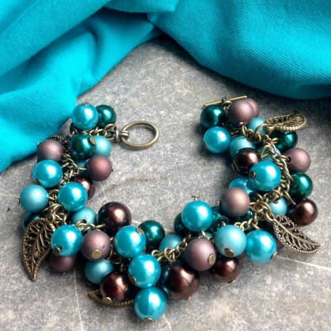 Čokotyrkys - náramek náramek korálky tyrkys petrolej cinkáček čokoláda 