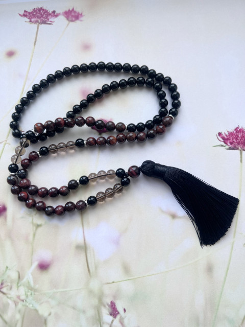 Japa Mala - černý onyx a tygří oko onyx korále tygří oko mantra kouřový křišťál buddhismus japa mála hinduismus 