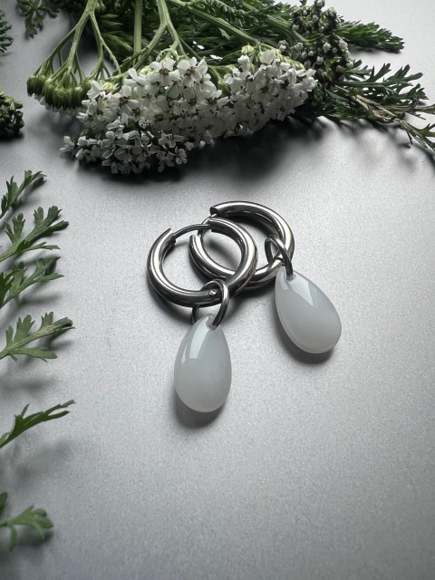 Bílé slzičkové náušnice - S.Steel kruh kapka nerez ocel slza skleněná slzička steel 