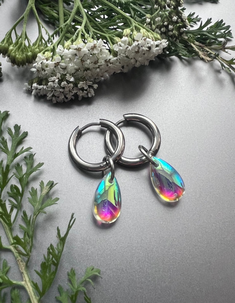 Metalické slzičkové náušnice -Steel kruh kapka nerez ocel slza skleněná slzička steel 