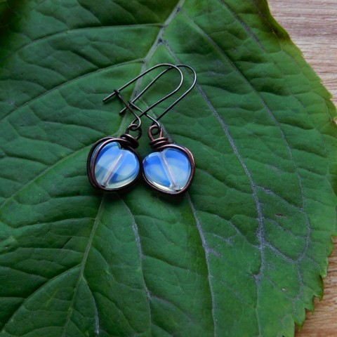 Naušnice, opalitová srdíčka v mědi měď opalit naušnice 