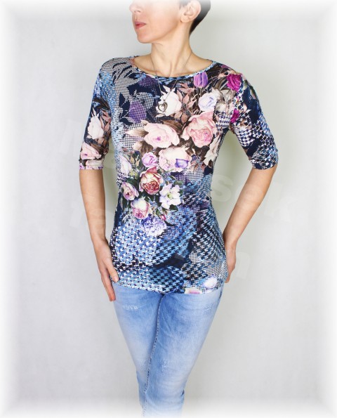 Triko vz.373 i 3/4 rukáv pestrobarevné modrá růžová letní triko růže vzor vícebarevné 