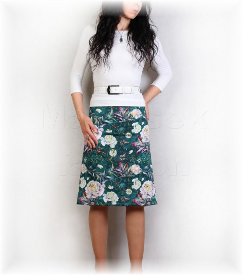 Sukně vz.900 jarní letní květy sukně úpletová úplet barevná léto petrolejová pivoňky celoroční áčková 
