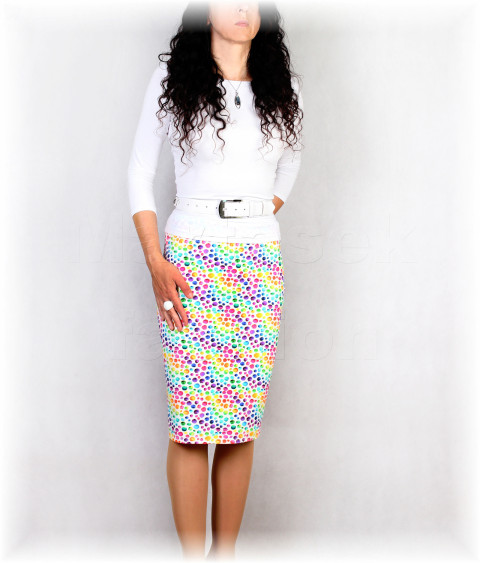 Sukně vz.849 červená modrá jarní letní sukně úpletová úplet tyrkysová puntíky pestrobarevná celoroční áčková 