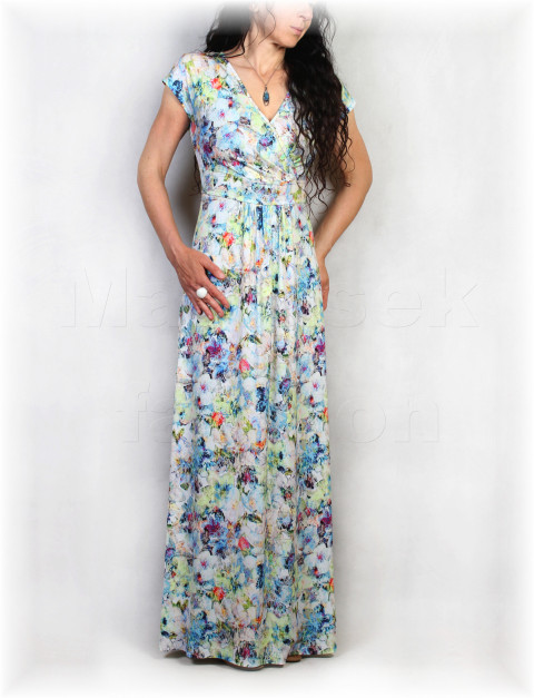 Šaty vz. 907 modrá barevné růžová jarní letní květy bílá šaty svatba léto tyrkysová vzor oslava 