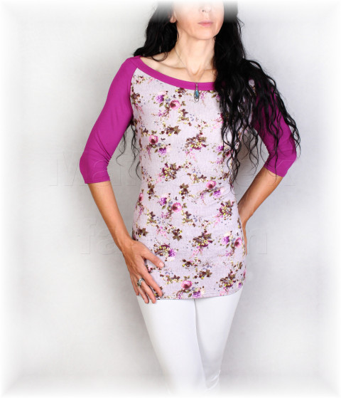 Triko vz.864 SLEVA z 699 kč pestrobarevné fialová letní květy triko růže žlutá šedá vzor 