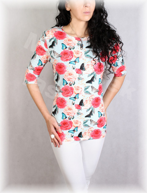 Triko vz.767 SLEVA ze 799 kč halenka růžová motýl květy bílá triko růže úpletové dámské vzor 