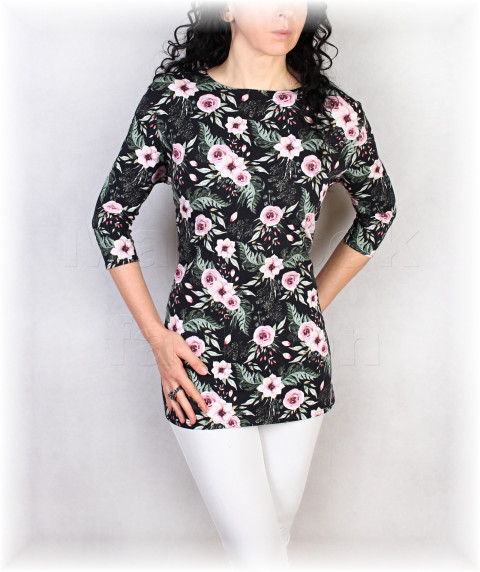 Triko vz.829 SLEVA z 899 kč halenka růžová jarní černá triko jaro léto vzor květované bavlněné celoroční vícebarevné pestobarevné 