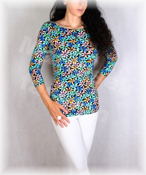 Triko vz.730 SLEVA z 899 kč jarní letní květy triko úpletová léto tyrkysová petrolejová pestobarevné 