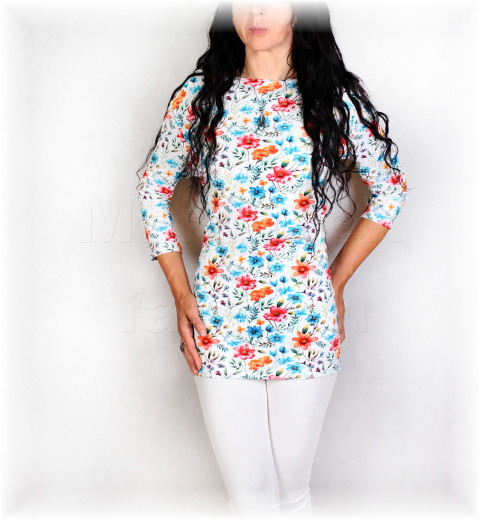 Triko vz.874 SLEVA z 899 kč červená pestrobarevné letní triko len vzor kvítky luční pastelové vícebarevné 