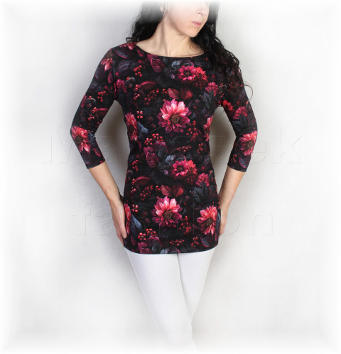 Triko vz.980  i kr.rukáv pestrobarevné halenka jarní květy černá triko jaro léto vzor květované bavlněné celoroční vícebarevné jiřiny 