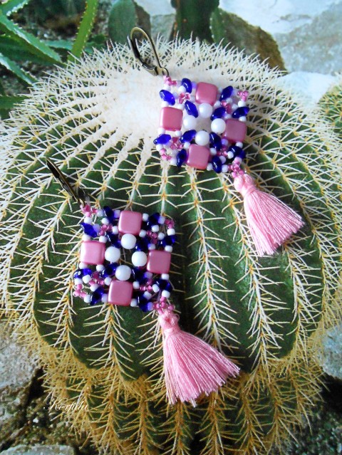 Náušnice šité čtverec modrý náušnice modrá růžová dívčí bílá bílé modré růžový rokajl čtverečky bílý taneční růžové čtvereček střapaté střapec rocail střapatá pro dívky pro ženy střapce twin superduo superlon královskámodř 