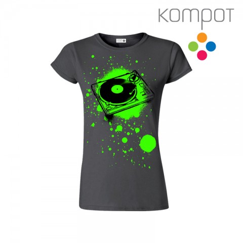 DÁMSKÉ TRIČKO :: gramec - šedé tričko hudba trička gramofon kompot deska vinyl graffiti t-shirt sprej sprejování grafity grafit graffity šablona šablonování gramofonová record 